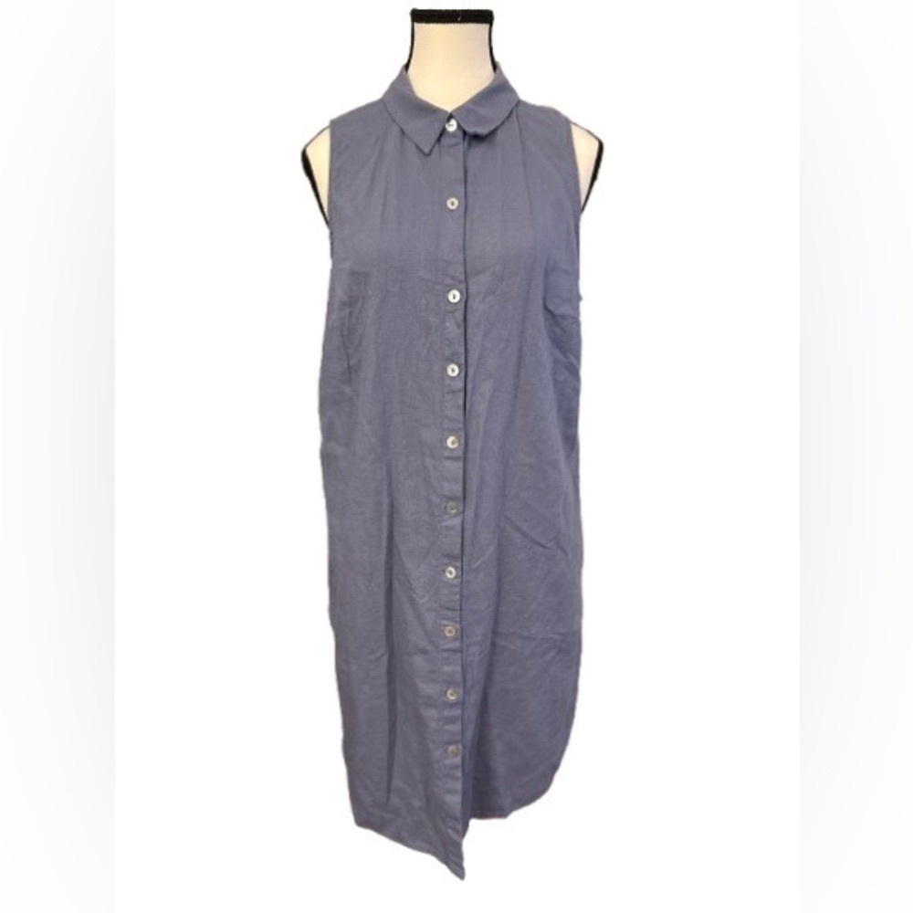 Women’s Linen Blend Sleeveless Button Down Collared Dress- Purple Blue Size L